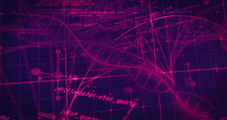 Image of dna strand and data processing on black background