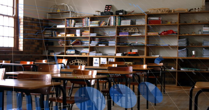 Image of financial data processing over empty classroom