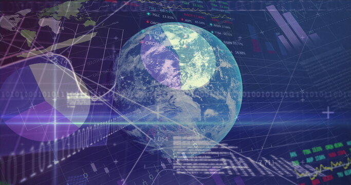 Presenting globe rotating in dark interface, showing pie, bar and line charts with binary code