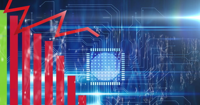 Digital image of start text over neon squares against microprocessor connections