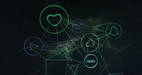 Network of digital icons against network of hexagons spinning on black background