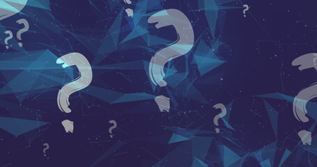 Floating large beige brushstroke question mark in virtual space, with polygons, nodes and lines