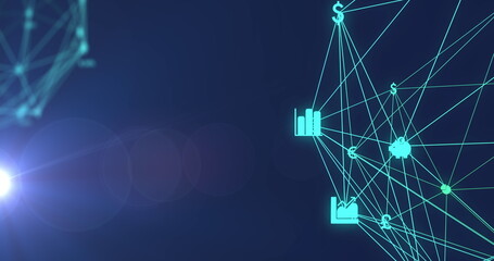 Two globes of digital icons spinning and spot of light against copy space on blue background