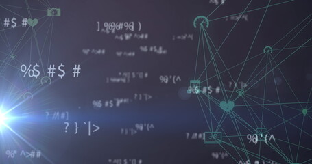 Multiple changing mathematical symbols and spot of light over two globes of digital icons spinning