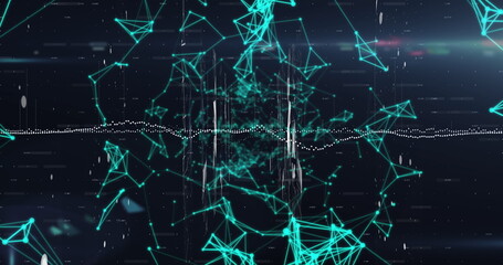 Image of data processing over glowing green network of connections against blue background