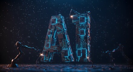 An ultra-realistic rendering of the glowing letters “AI,” formed by sleek metallic shapes and glowing lines of light, as if the word is being powered by energy.