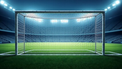 Fototapeta premium Dramatic Football Goal on Lush Green Field Under Stadium Lights Scenery