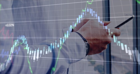 Image of data processing over caucasian businessman with smartphone