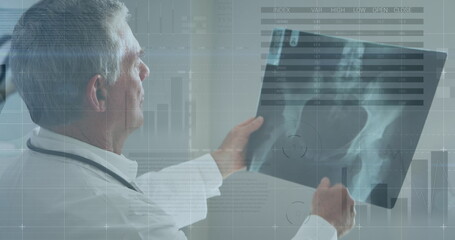 Image of financial data processing over caucasian doctor