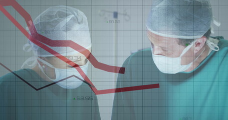 Image of graphs over caucasian female and male surgeons during surgery