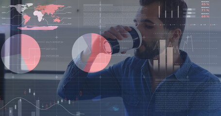 Image of data processing over caucasian businessman drinking coffee