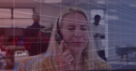 Image of data processing over caucasian businesswoman using phone headset