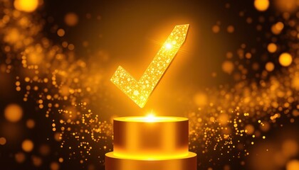 Golden check mark floating above a pedestal illuminated by particles