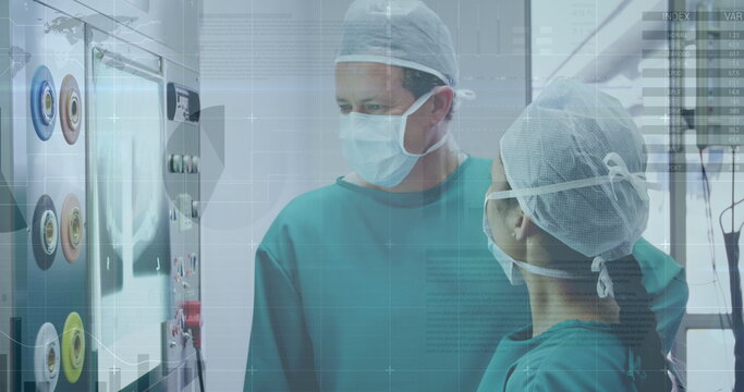 Image of data processing over diverse surgons inspecting xray