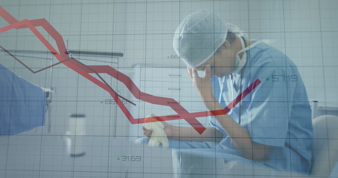 Image of statistical data processing over stressed female health worker at hospital - Powered by Adobe