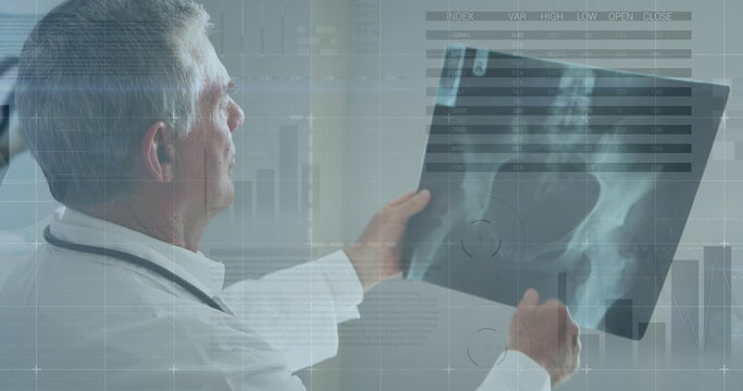 Image of financial data processing over caucasian doctor