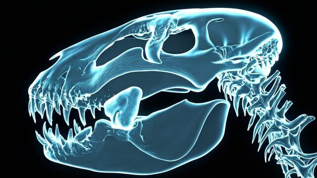Radiographie num&eacute;rique stylis&eacute;e d&rsquo;un cr&acirc;ne de dinosaure carnivore aux dents ac&eacute;r&eacute;es

