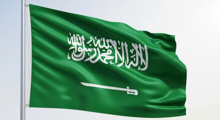 Saudi Arabia National flag waving in the wind against clear sky, symbol of pride and unity