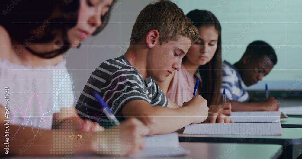 Poster image of statistical data processing over diverse group of students studying in class at school