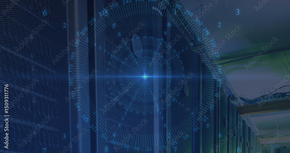 Poster blue spot of light and data processing against empty computer server room