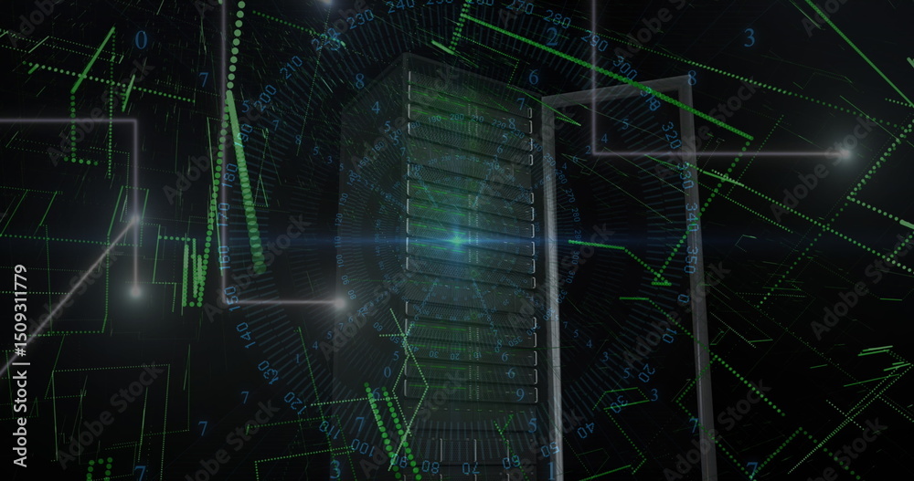Poster blue light trails and data processing over computer server against black background