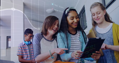 Image of data processing over diverse students walking