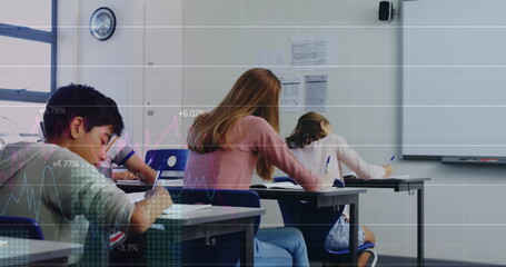 Image of data processing over diverse students writing