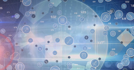 Image of data processing and icons over blue background