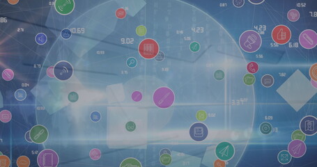 Digital image of network of digital icons floating against blue background
