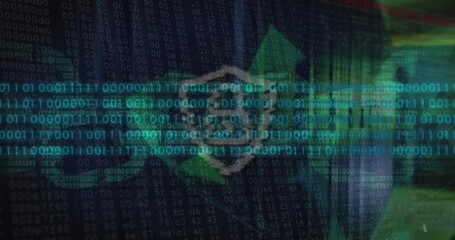 Image of padlock and data processing over server room