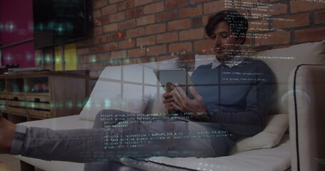 Image of data processing over businessman using tablet