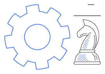 Large gear and chess knight outline symbolizing strategy, process, and innovation. Ideal for teamwork, leadership, planning, decision-making, systems thinking optimization creativity. Flat simple