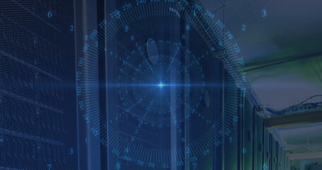 Blue spot of light and data processing against empty computer server room