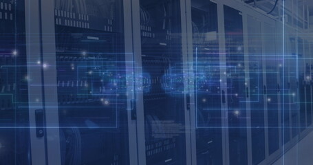 Naklejka premium Image of lights and data processing over servers