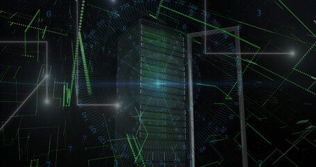 Blue light trails and data processing over computer server against black background