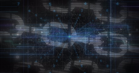 Blue light trails, data processing and security chain icon against black background