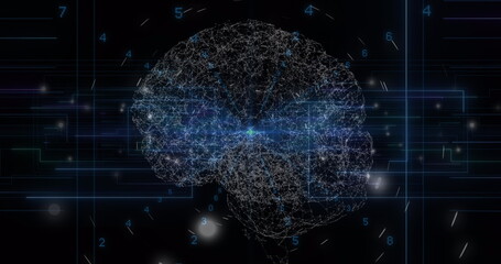 Blue light trails and human brain spinning against blue background