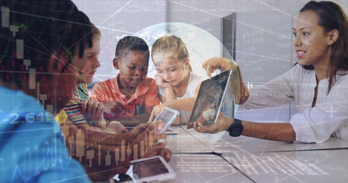 Image of financial data over diverse female teacher and diverse female school kids using electronic - Powered by Adobe