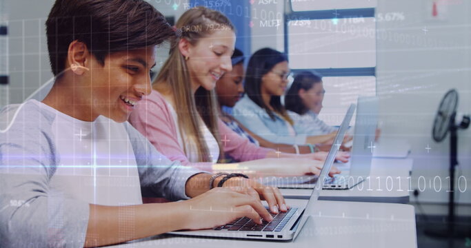 Image of data processing over diverse students using laptops