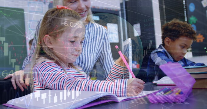 Image of data processing over diverse schoolkids writing