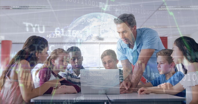 Image of data processing over diverse students using laptop