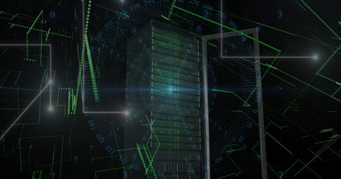 Blue light trails and data processing over computer server against black background