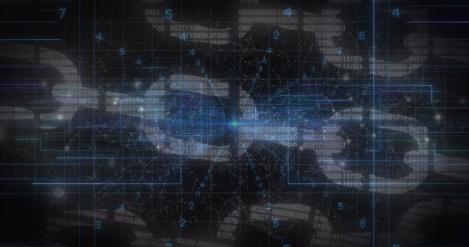 Blue light trails, data processing and security chain icon against black background