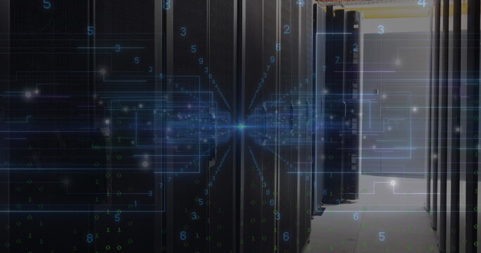 Image of data processing over server room