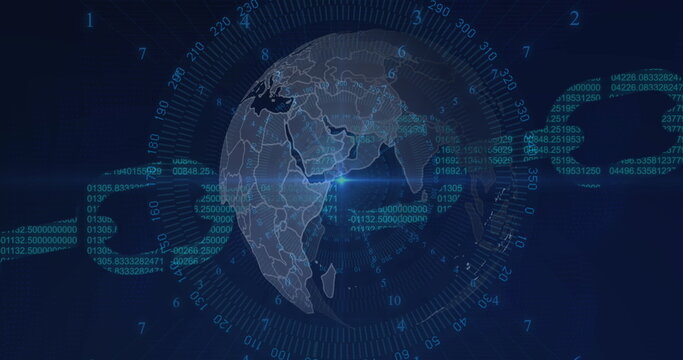 Blue spot of light and data processing over spinning globe and security chain on blue background
