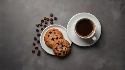 Coffee and cookies served on the dark grey textured background, top view