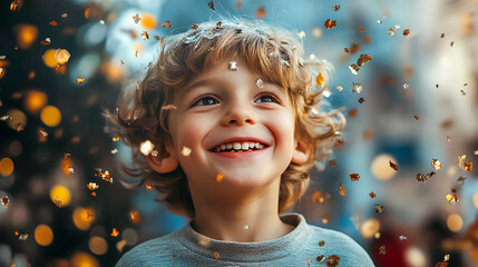 Happy child enjoying a celebration with golden confetti falling in a vibrant urban setting during daytime