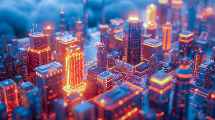 Obraz premium Brightly lit futuristic cityscape at night showcasing skyscrapers with vibrant neon lights, creating an immersive skyline view
