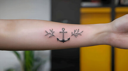 Small Black Anchor and Floral Wrist Tattoo