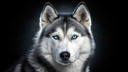 Beautiful husky dog portrait with striking blue eyes on a dark background for pet lovers and dog owners